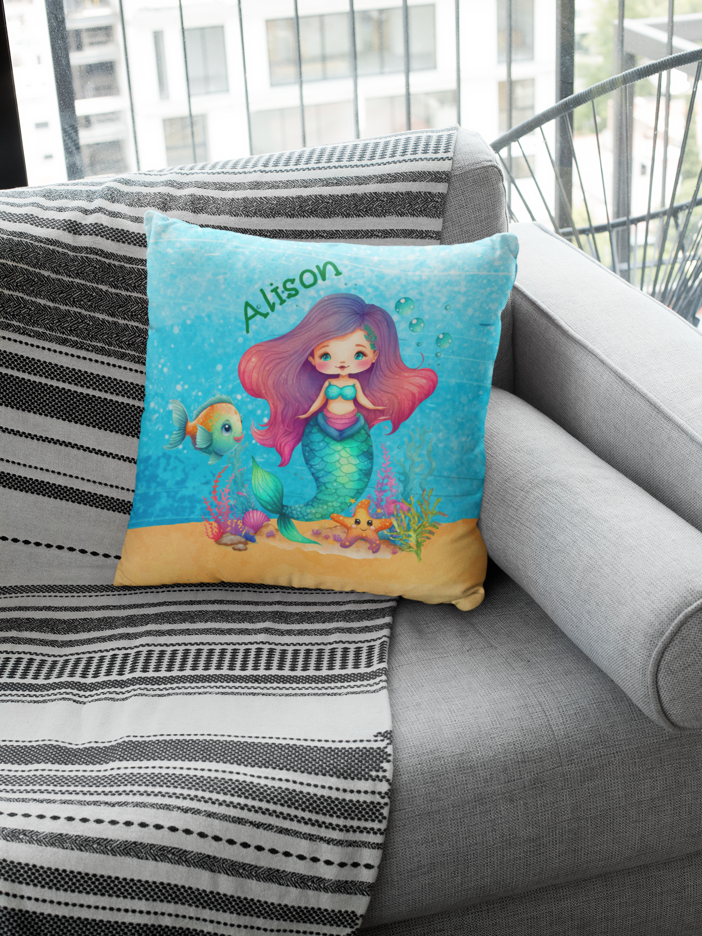 Mermaid and Friends Personalized Double Sided Faux Suede Square Pillow